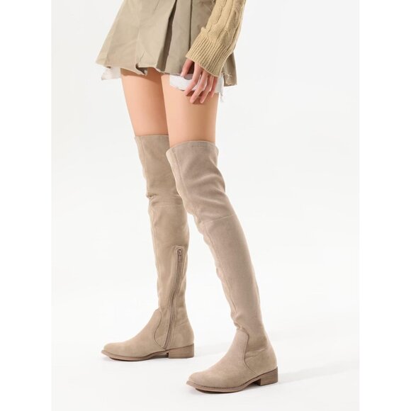 Women's Khaki Over The Knee Boots Thigh High Low Block Heel Pointed Toe Boots - Picture 5 of 6